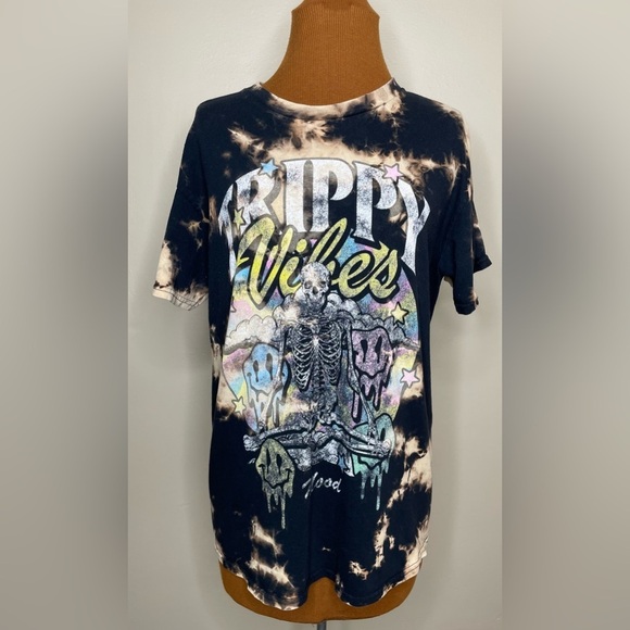 Trippy Vibes Graphic Tee Unisex Skeleton Smiley Face Bleach Dye Black Medium - Picture 1 of 6